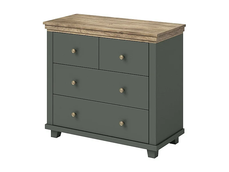 Cômoda design com 4 gavetas. Cor verde cáqui e carvalho. Coleção ASSIA