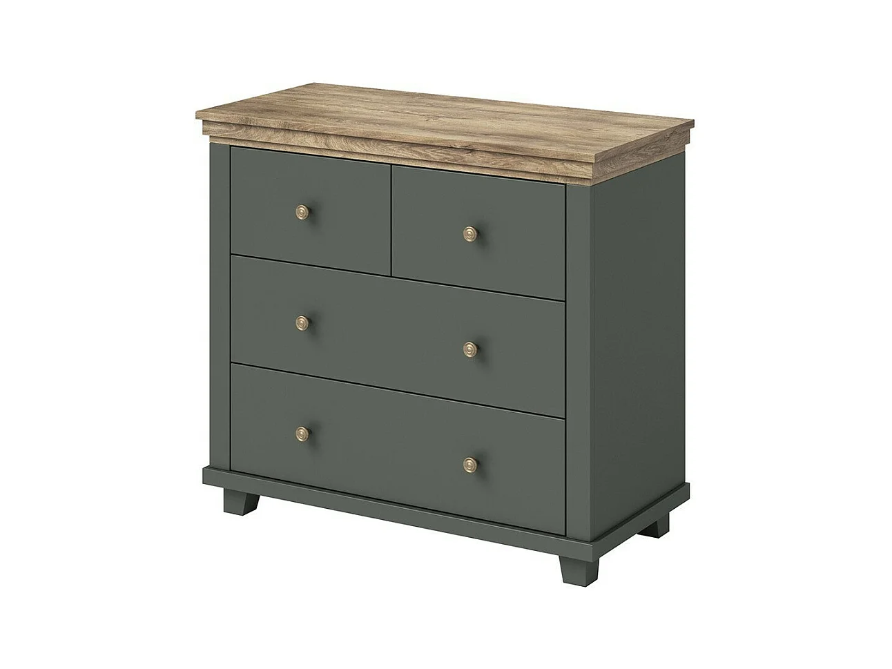 Cômoda design com 4 gavetas. Cor verde cáqui e carvalho. Coleção ASSIA