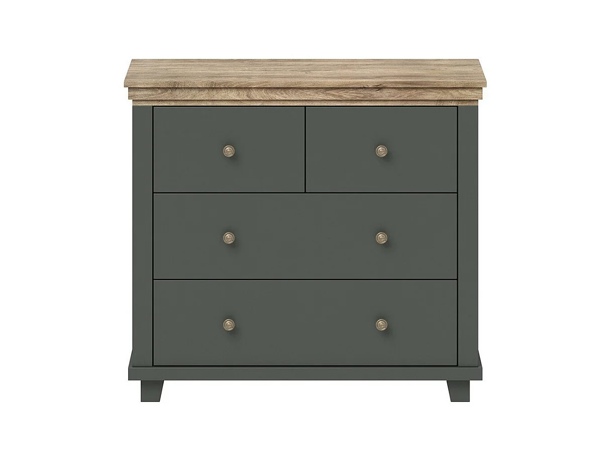 Cômoda design com 4 gavetas. Cor verde cáqui e carvalho. Coleção ASSIA