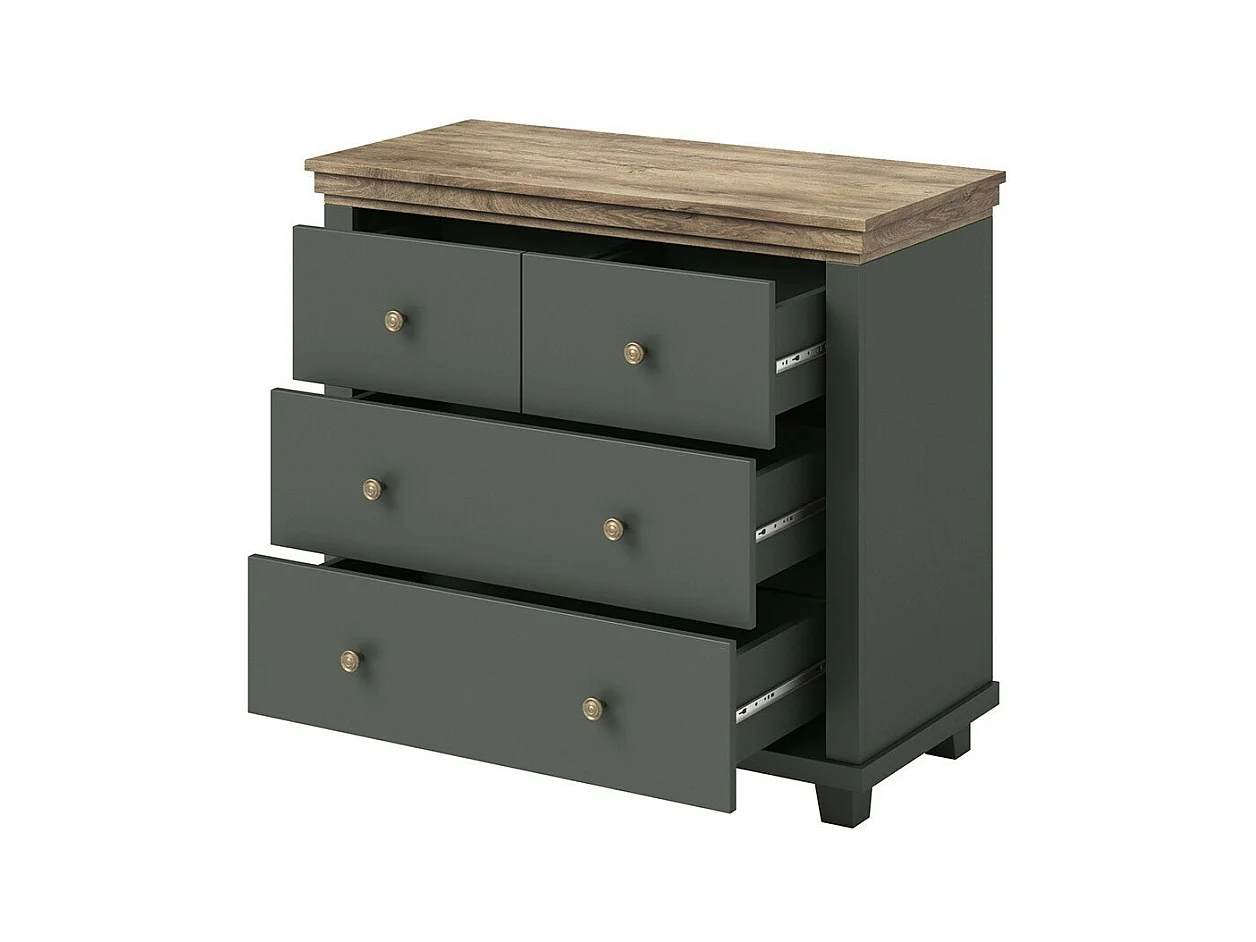 Cômoda design com 4 gavetas. Cor verde cáqui e carvalho. Coleção ASSIA