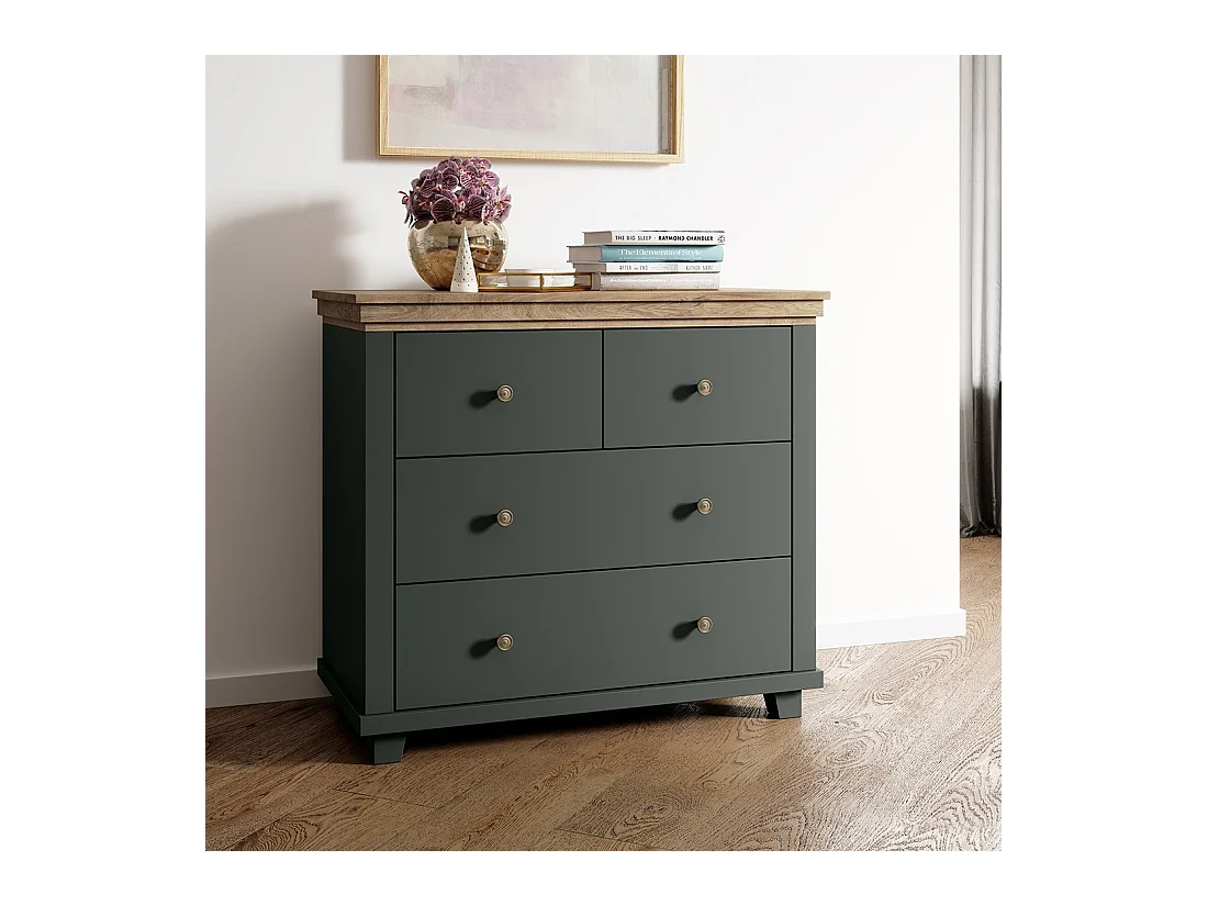 Cômoda design com 4 gavetas. Cor verde cáqui e carvalho. Coleção ASSIA