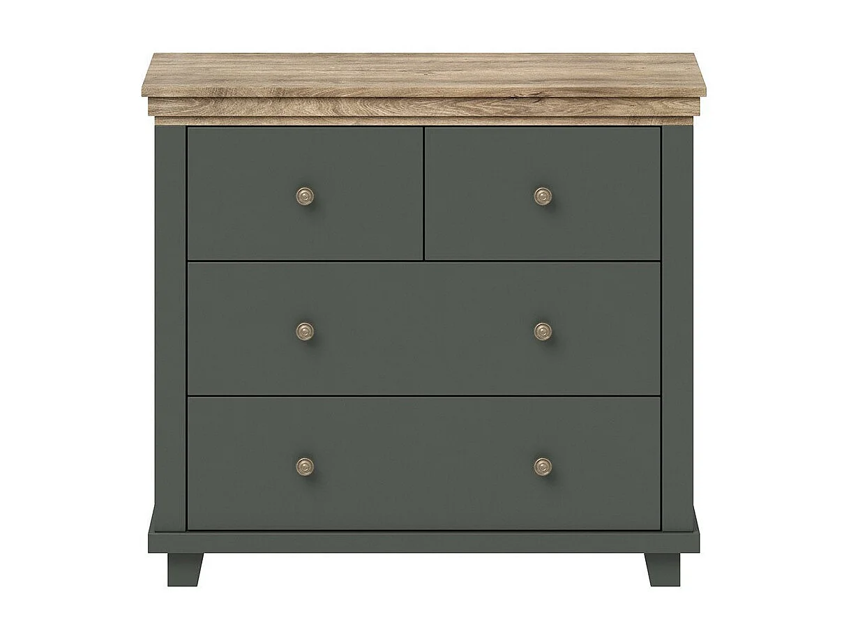 Commode design 4 tiroirs. Coloris vert kaki et chêne. Collection ASSIA