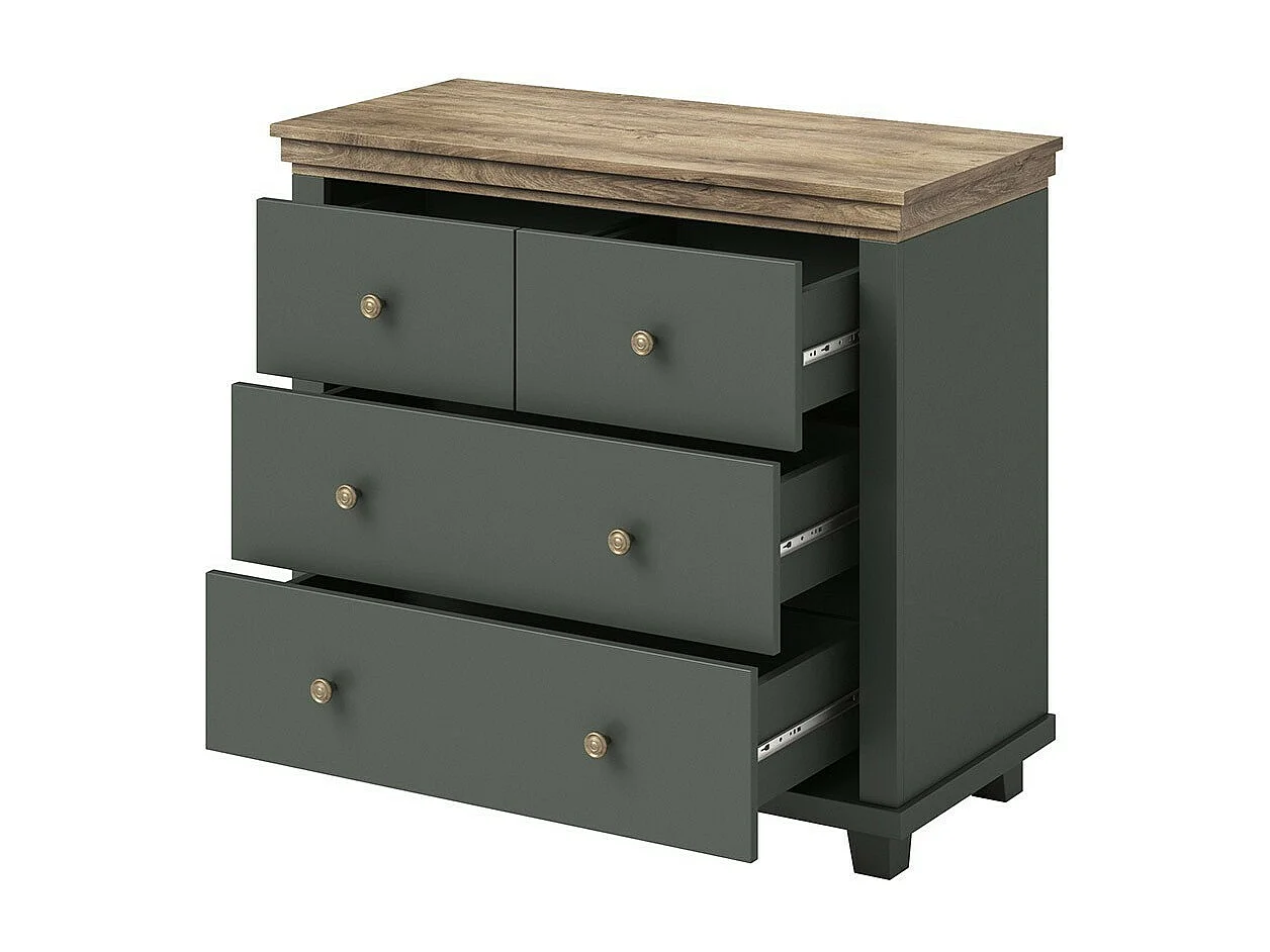 Commode design 4 tiroirs. Coloris vert kaki et chêne. Collection ASSIA