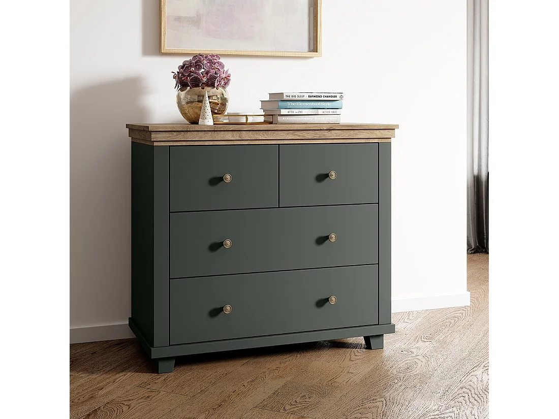 Commode design 4 tiroirs. Coloris vert kaki et chêne. Collection ASSIA