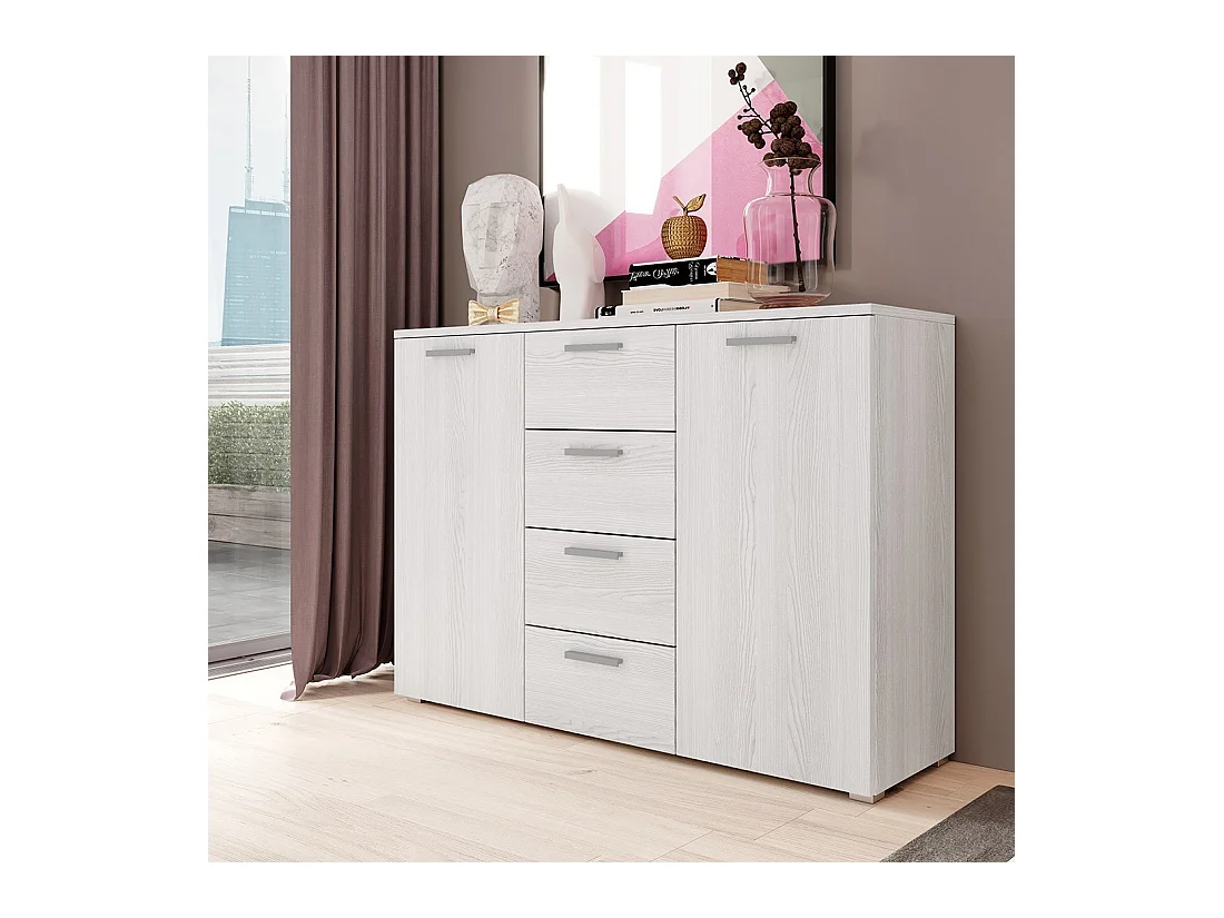 Design dressoir met 2 deuren en 4 laden 130cm. Collectie FLOYD wit houteffect.