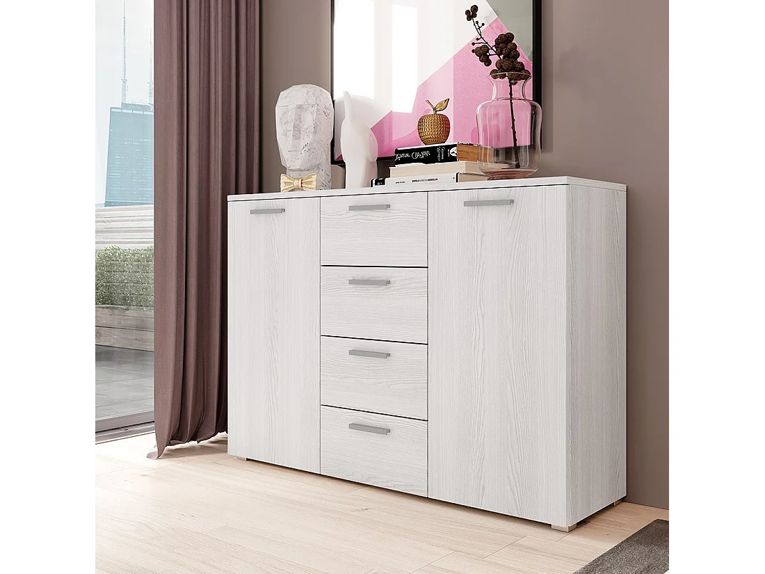 Commode design 2 portes et 4 tiroirs 130cm. Collection FLOYD effet bois blanc