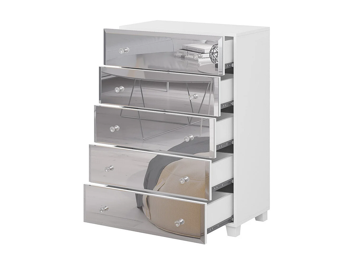 Kommode mit 5 Schubladen, weißem Korpus und Spiegelfronten aus der Kollektion LIVORA.