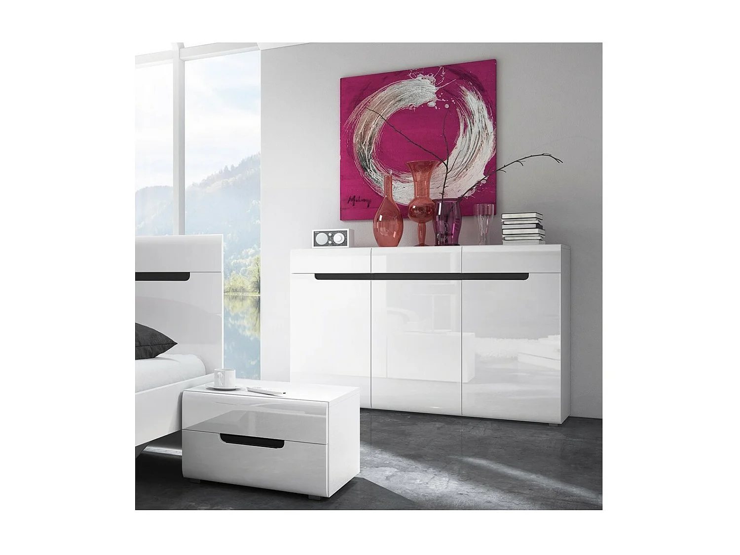 Commode design LUCIA, 3 portes et 3 tiroirs. Coloris blanc brillant et noir
