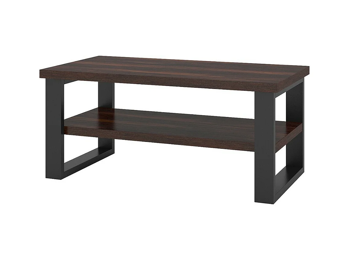 Lage design salontafel uit de MILO collectie in donkereiken kleur. Poten in zwart metaal.