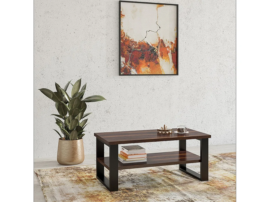 Lage design salontafel uit de MILO collectie in donkereiken kleur. Poten in zwart metaal.