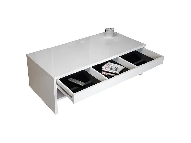 Table basse TRIGO blanc - 1 tiroir avec compartiments - 118 x 58 x 39 cm