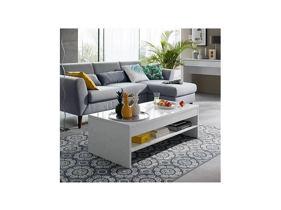 Table basse TRIGO blanc - 1 tiroir avec compartiments - 118 x 58 x 39 cm