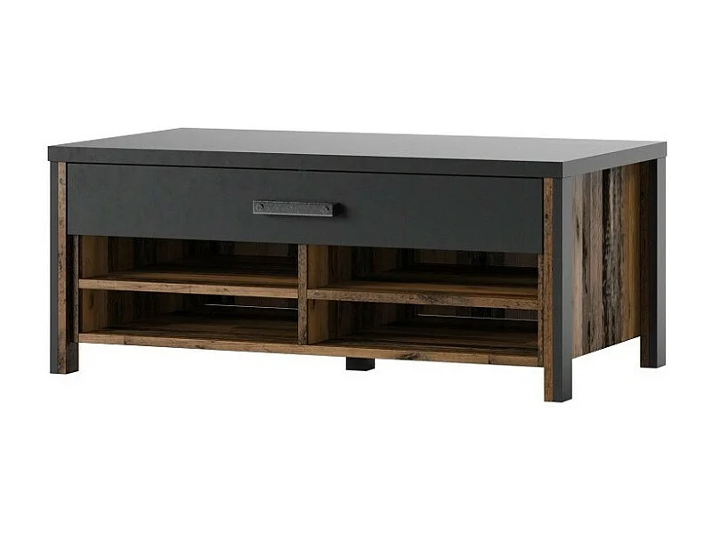 Tavolino basso WINDSOR grigio antracite e rovere scuro - 1 grande cassetto, 4 nicchie - 107 x 44,8 x 60 cm