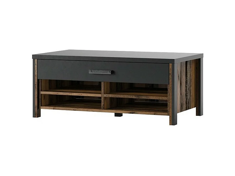 Mesa de centro design coleção WINDSOR com gaveta e nichos. Cores cinza antracite e carvalho escuro.