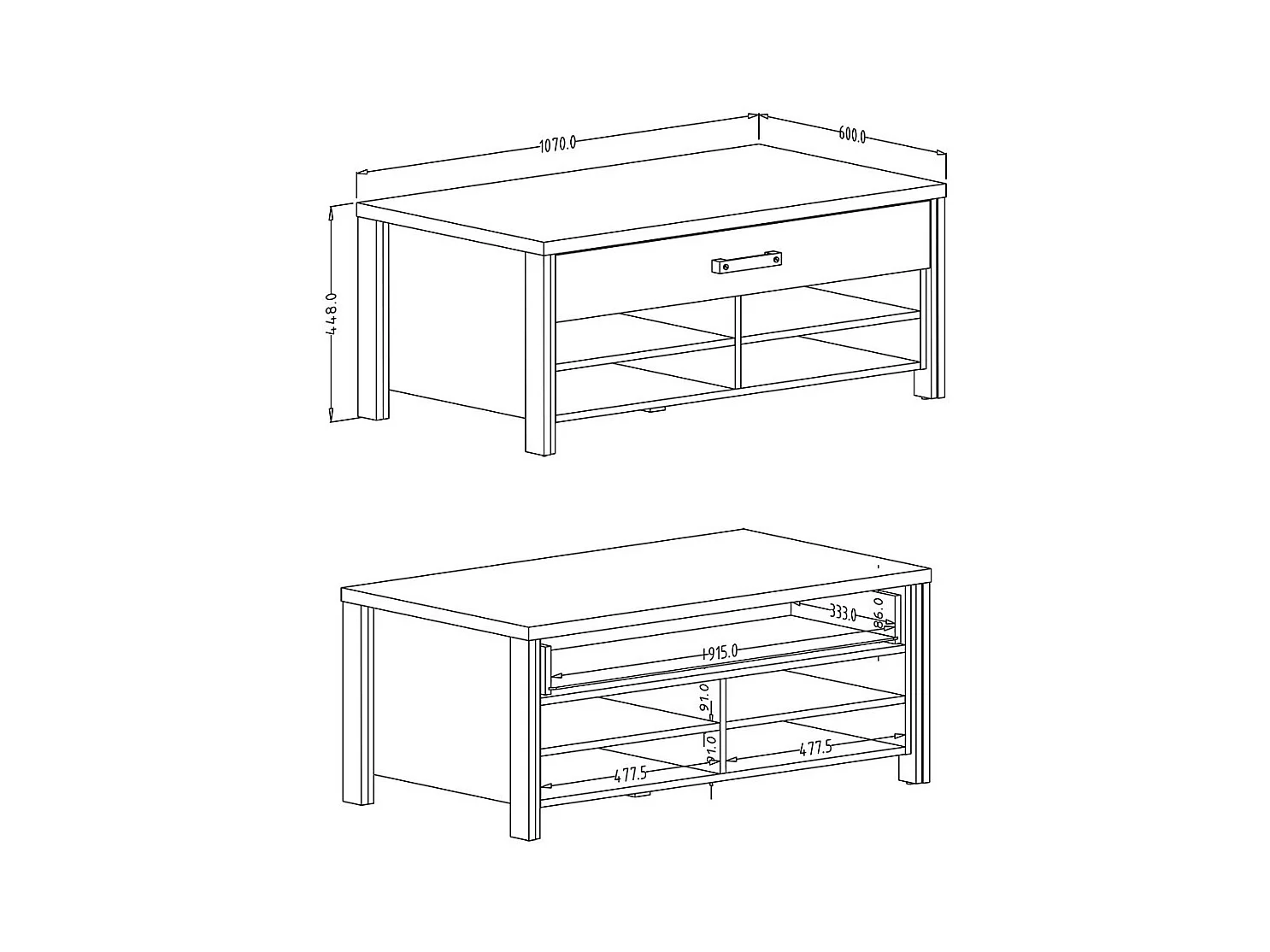 Mesa de centro design coleção WINDSOR com gaveta e nichos. Cores cinza antracite e carvalho escuro.