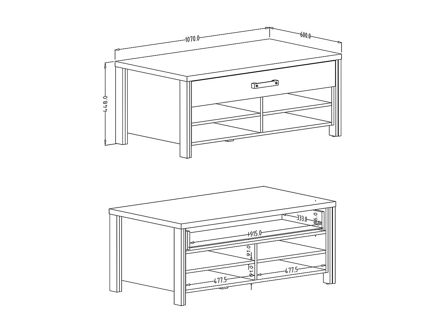 Table basse WINDSOR gris anthracite et chêne foncé - 1 grand tiroir, 4 niches - 107 x 44.8 x 60 cm