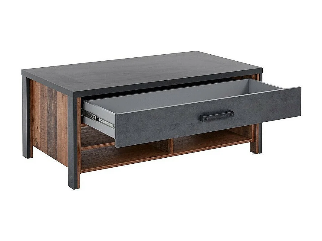 Table basse WINDSOR gris anthracite et chêne foncé - 1 grand tiroir, 4 niches - 107 x 44.8 x 60 cm