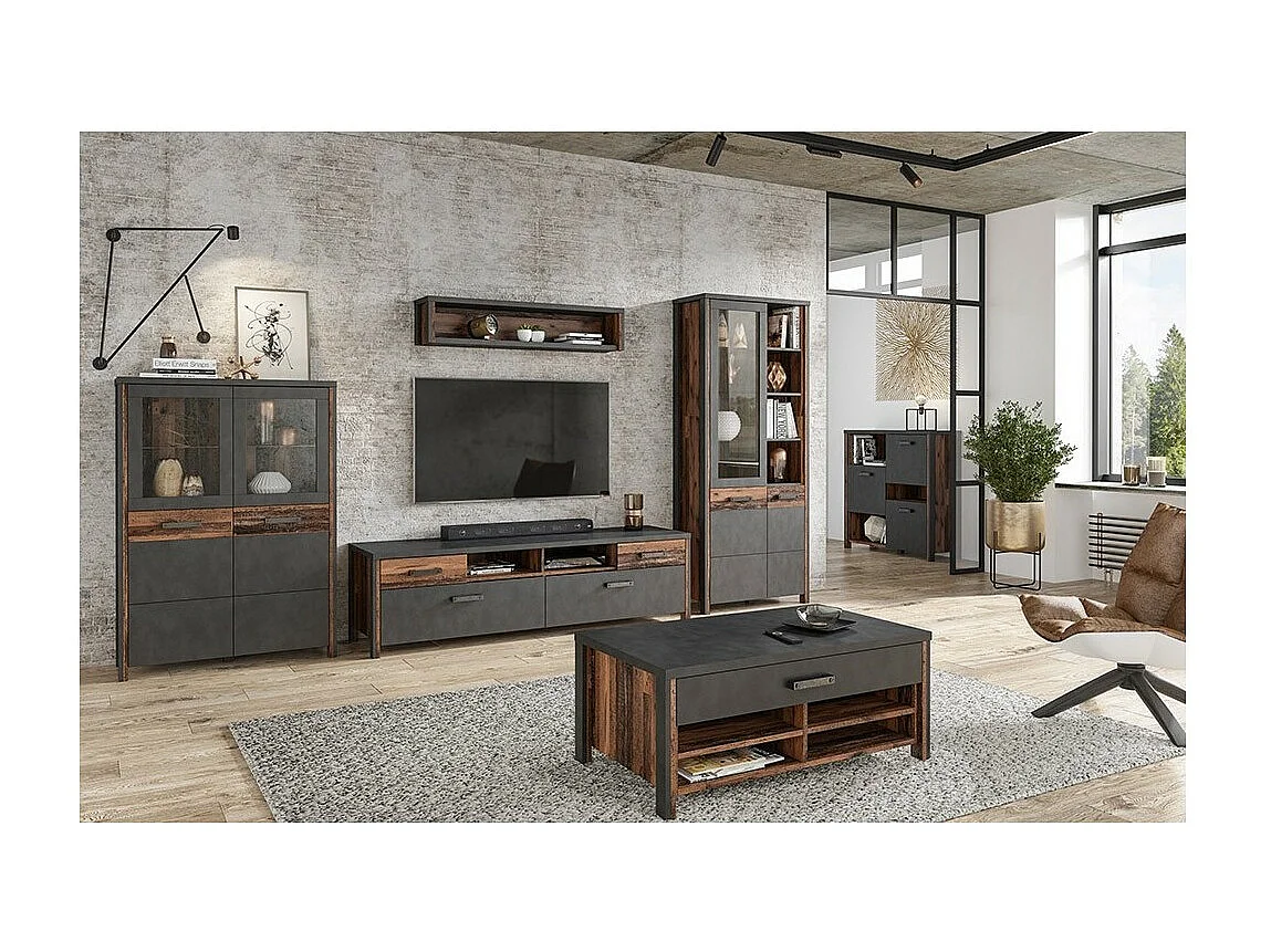 Table basse WINDSOR gris anthracite et chêne foncé - 1 grand tiroir, 4 niches - 107 x 44.8 x 60 cm