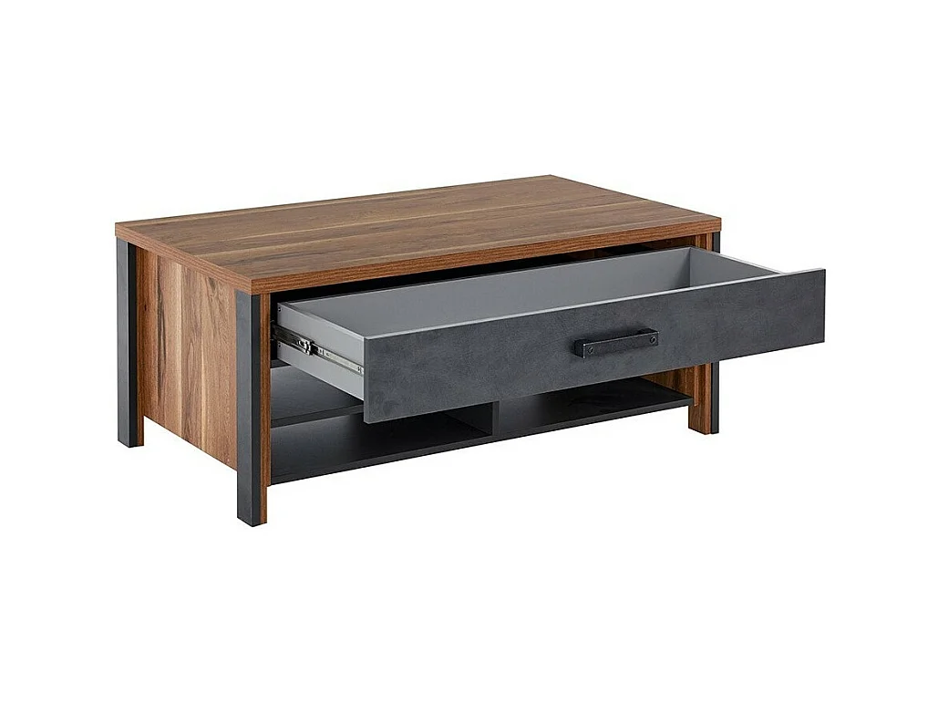 Mesa de centro WINDSOR - Roble oscuro y antracita - 1 cajón, 4 nichos - 107 x 44.8 x 60 cm