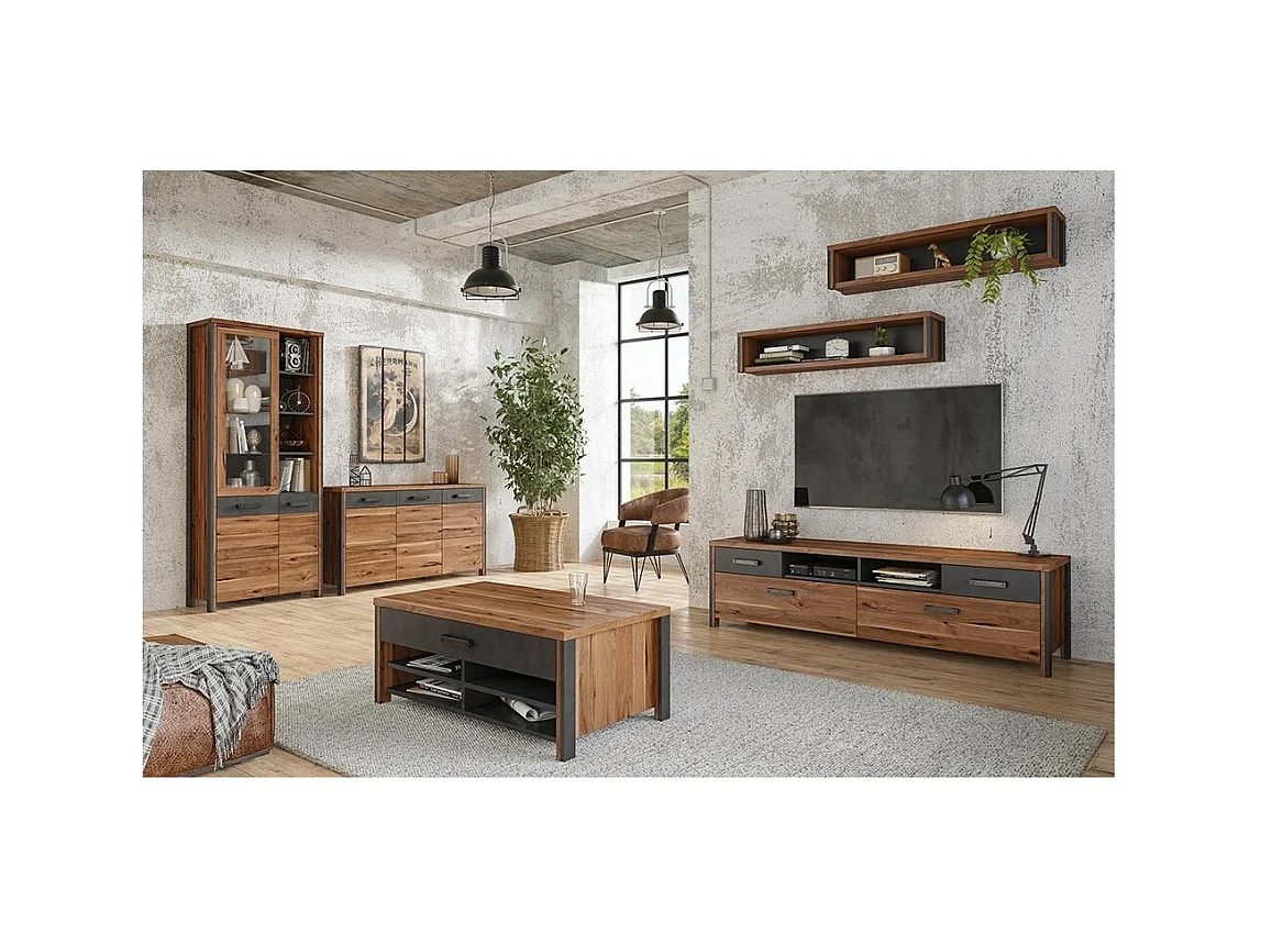 Mesa de centro WINDSOR - Roble oscuro y antracita - 1 cajón, 4 nichos - 107 x 44.8 x 60 cm