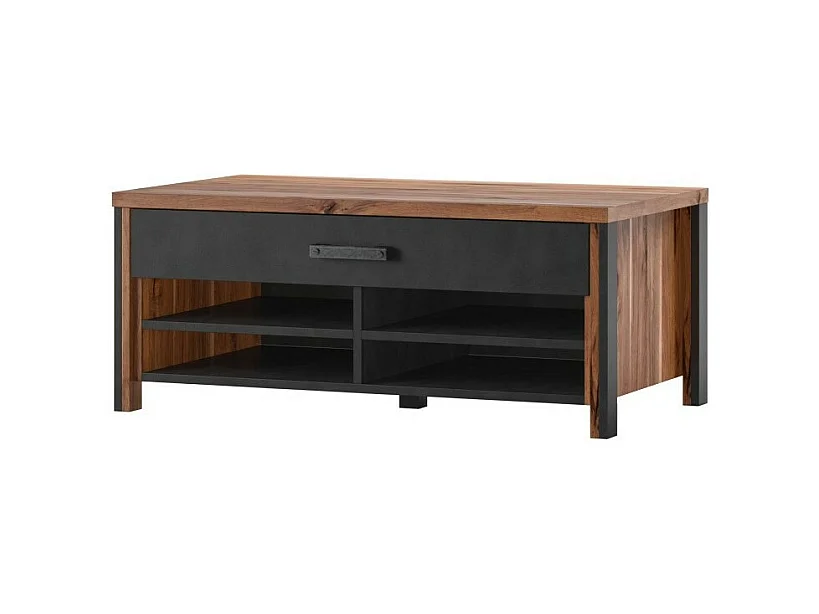Table basse WINDSOR - Chêne foncé et anthracite - 1 tiroir, 4 niches - 107 x 44.8 x 60 cm