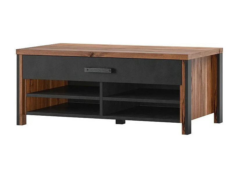 Salontafel WINDSOR - Donkere eik en antraciet - 1 lade, 4 vakken - 107 x 44,8 x 60 cm