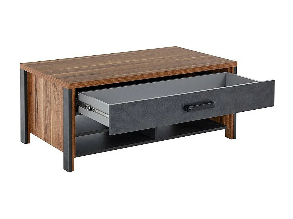 Salontafel WINDSOR - Donkere eik en antraciet - 1 lade, 4 vakken - 107 x 44,8 x 60 cm