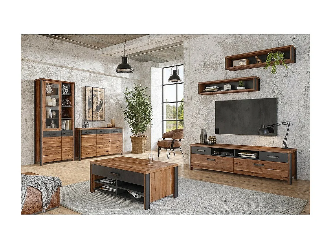 Salontafel WINDSOR - Donkere eik en antraciet - 1 lade, 4 vakken - 107 x 44,8 x 60 cm