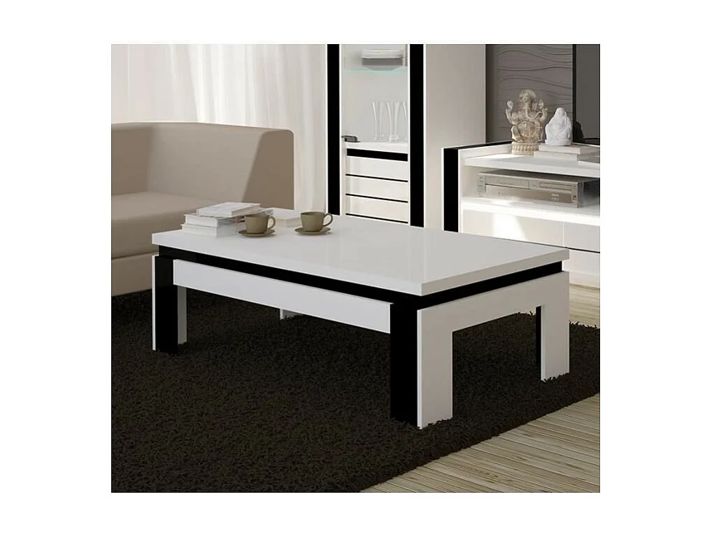 Table basse LINA blanche et noire brillante – 125 x 42 x 65 cm