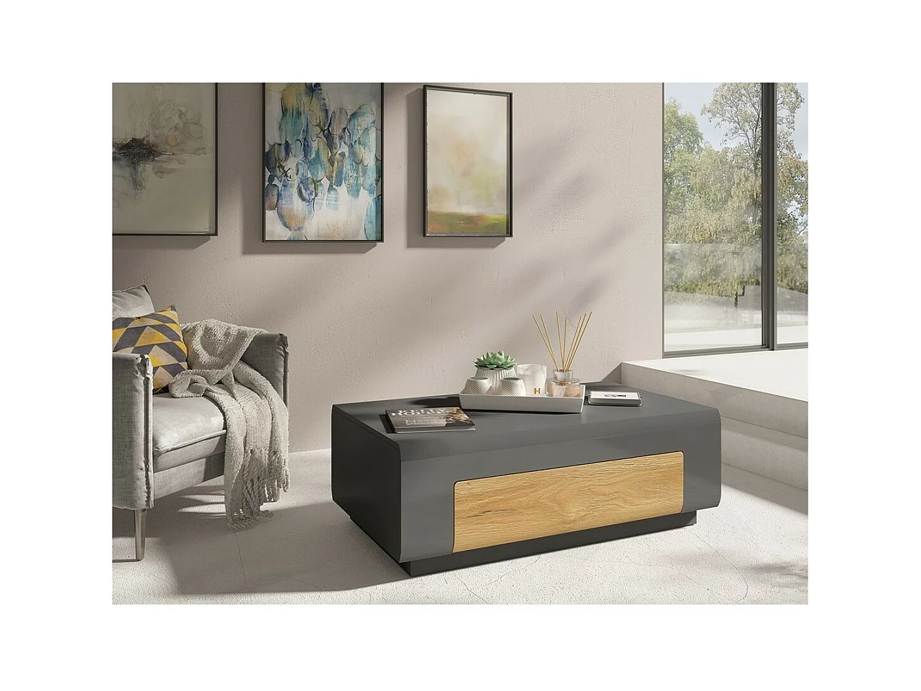 Mesa baja colección OHIO. Mueble tipo CONTEMPORÁNEO en colores gris y roble.