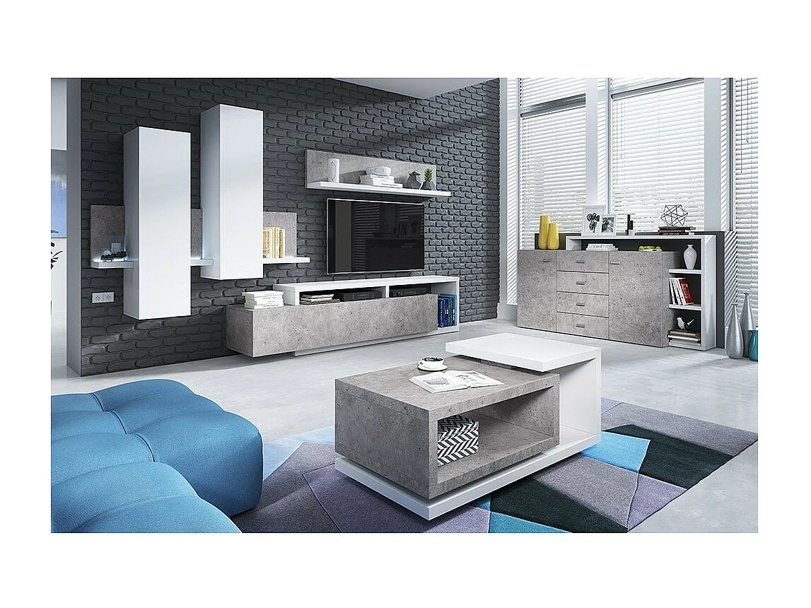 Mesa de centro design da coleção BERGAME. Cores branco e cinza. Estilo design.