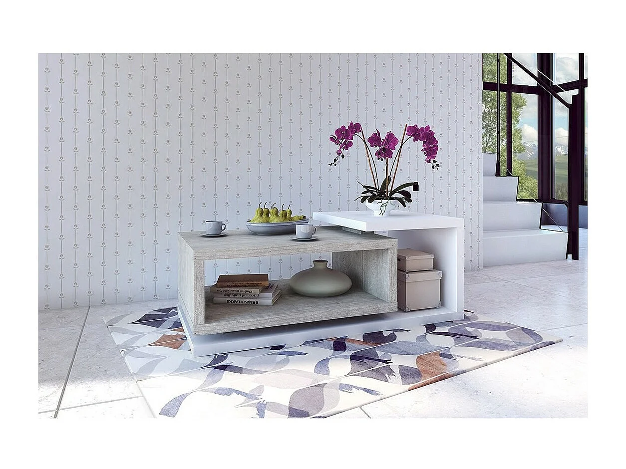 Mesa de centro design da coleção BERGAME. Cores branco e cinza. Estilo design.