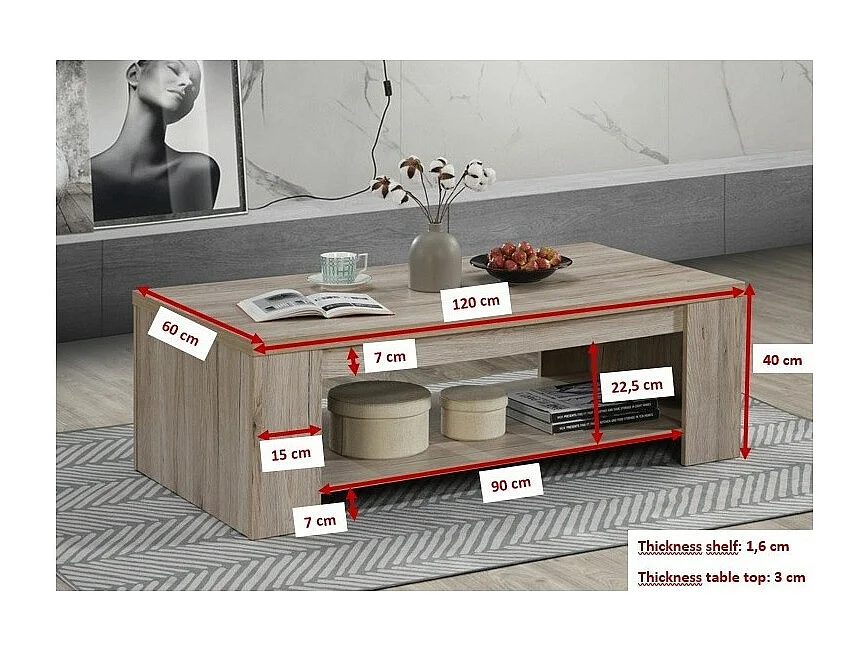 Salontafel in rustieke stijl 120x90 collectie VERMONT eikeneffect