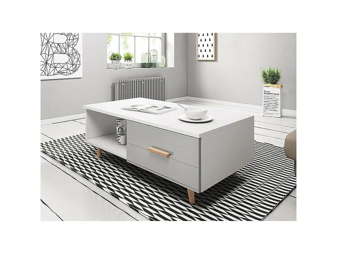 Table bassa EDEN 110 cm – 1 cassetto e 1 nicchia – Bianco e grigio
