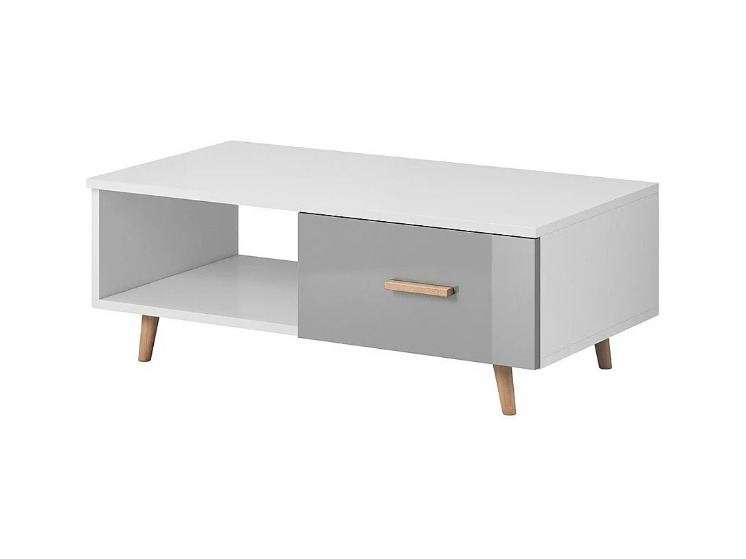 Table basse EDEN 110 cm – 1 tiroir et 1 niche – Blanc et gris