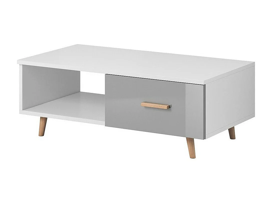 Table basse EDEN 110 cm – 1 tiroir et 1 niche – Blanc et gris