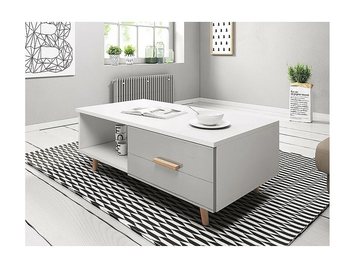 Table basse EDEN 110 cm – 1 tiroir et 1 niche – Blanc et gris