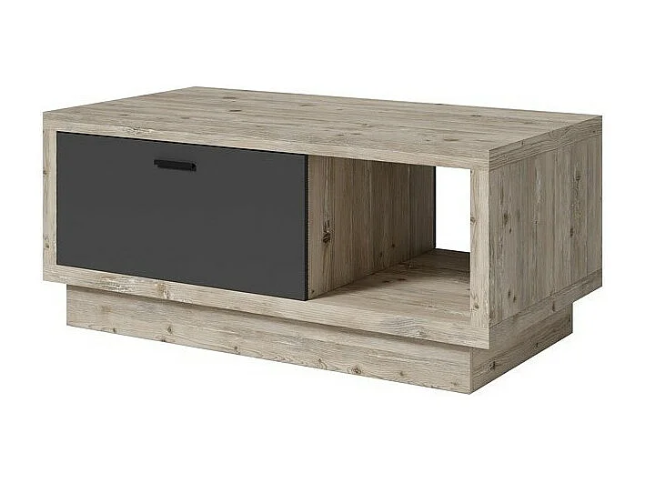 Mesa de centro design da coleção CORK com gaveta e nicho. Acabamento em madeira e cinza.