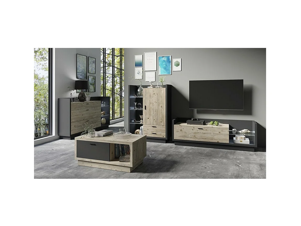 Mesa de centro design da coleção CORK com gaveta e nicho. Acabamento em madeira e cinza.