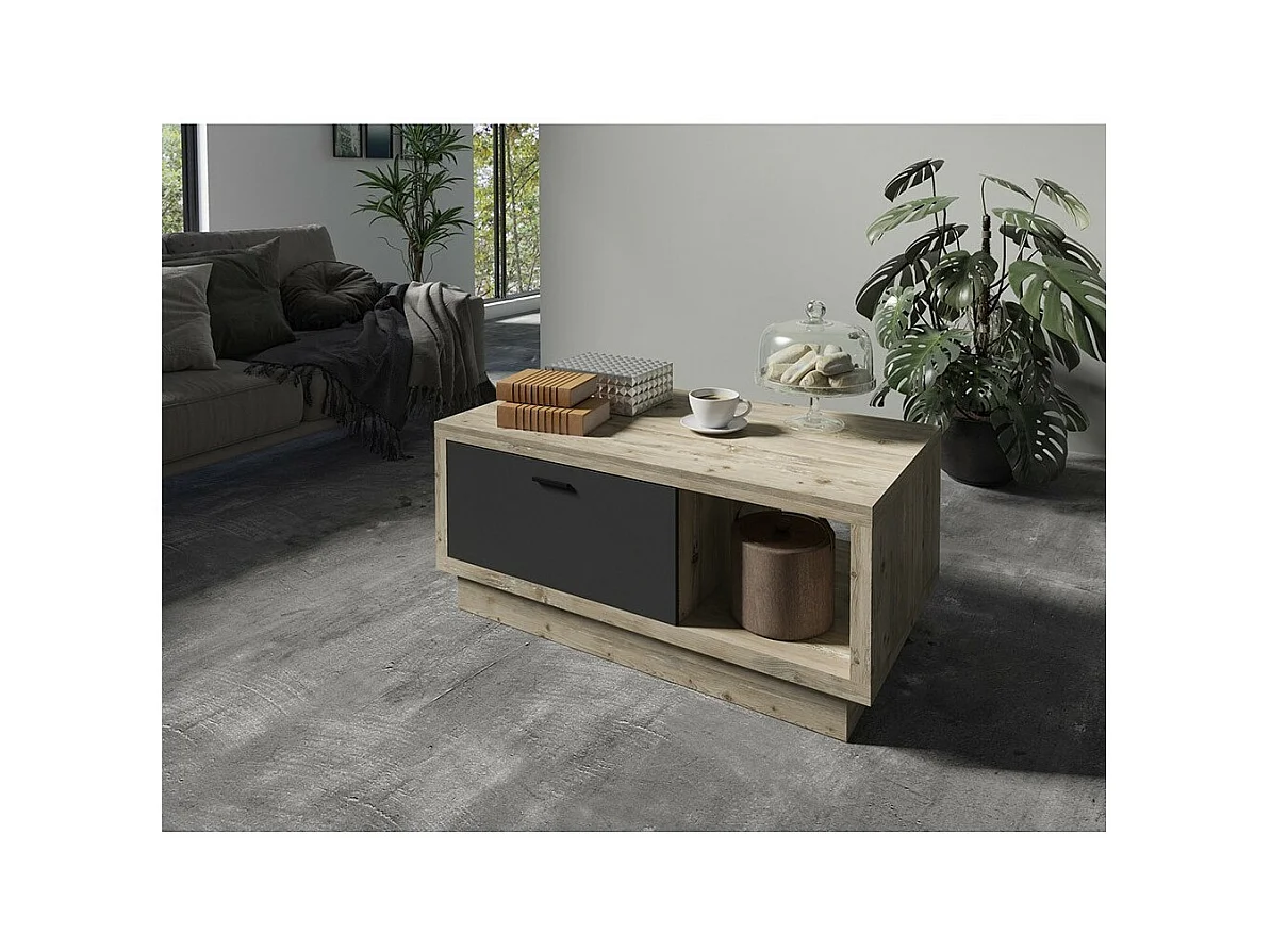 Mesa de centro design da coleção CORK com gaveta e nicho. Acabamento em madeira e cinza.