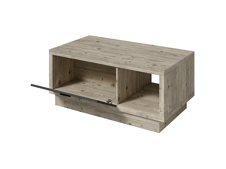 Mesa de centro design da coleção CORK com gaveta e nicho. Acabamento em madeira e cinza.