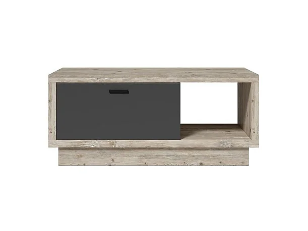 Mesa de centro design da coleção CORK com gaveta e nicho. Acabamento em madeira e cinza.