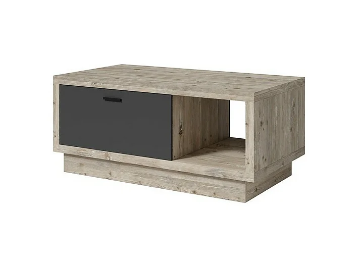 Table basse CORK 110x46x60 cm avec tiroir et niche, coloris aspect pin et gris anthracite