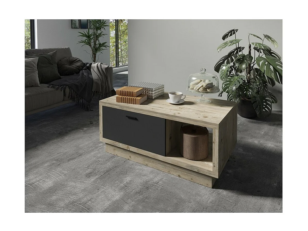 Table basse CORK 110x46x60 cm avec tiroir et niche, coloris aspect pin et gris anthracite