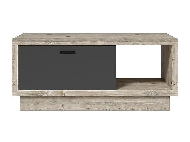 Table basse CORK 110x46x60 cm avec tiroir et niche, coloris aspect pin et gris anthracite