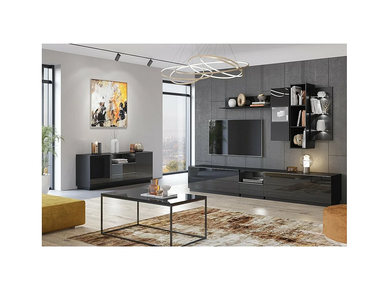 Design-Couchtisch aus der Kollektion ZANTE. Farbe glänzendes Schwarz mit Glitzer.