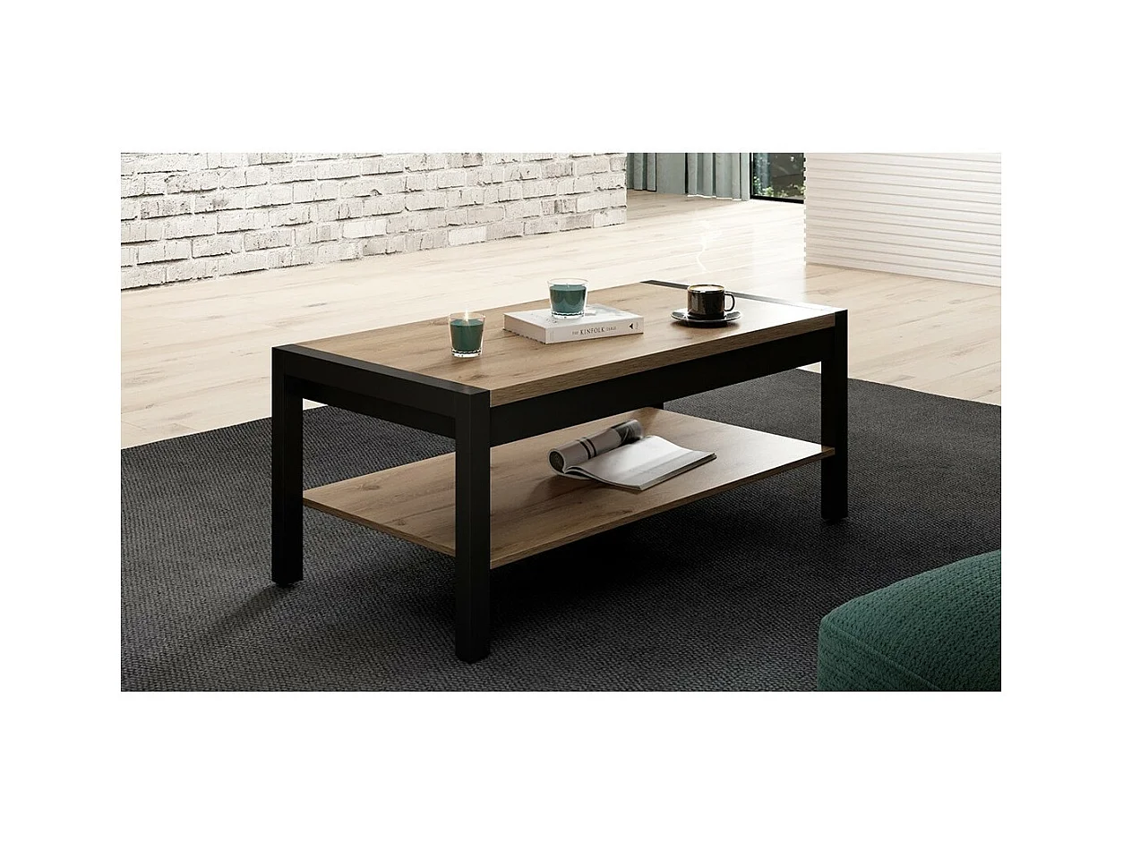Mesa baja color roble y negro colección TIVORA con estante intermedio de almacenamiento.