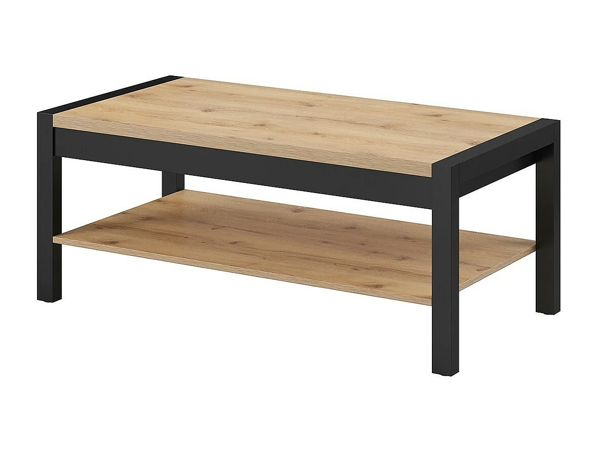 Eiken- en zwartkleurige salontafel uit de TIVORA-collectie met een tussenplateau voor opslag.