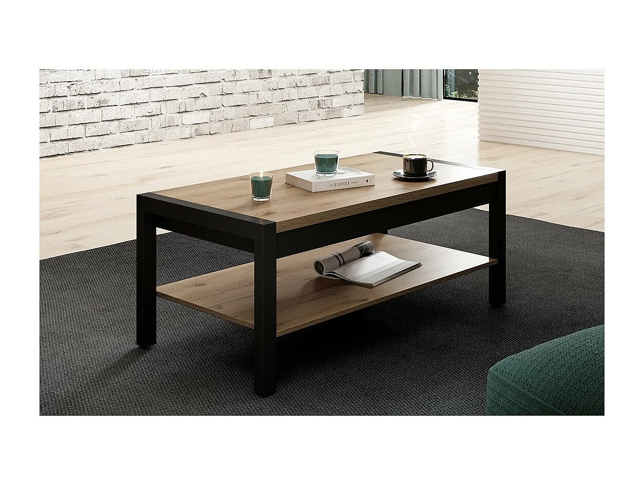 Eiken- en zwartkleurige salontafel uit de TIVORA-collectie met een tussenplateau voor opslag.