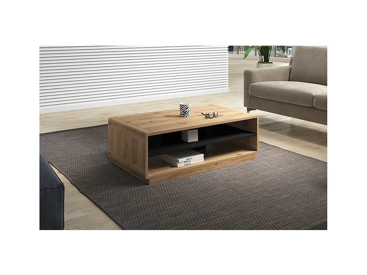 Salontafel in eiken en zwart uit de VILLA collectie met opbergvakken.